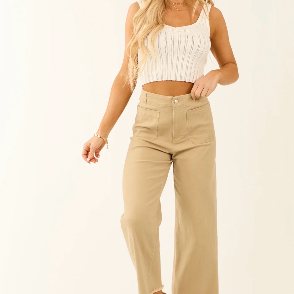 Khaki Stretchy Denim Straight Patch Pocket Jeans